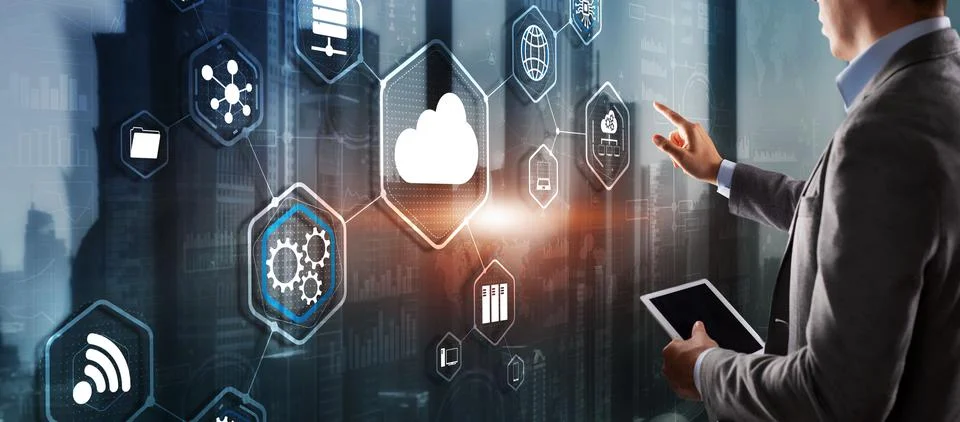 Futuristic Display. Cloud computing touchscreen interface business man finger Foto stock