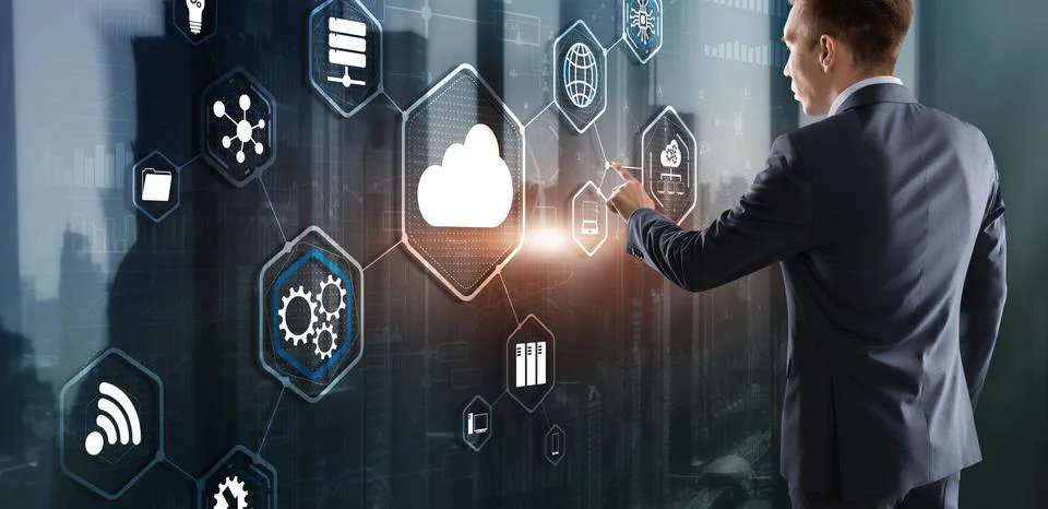 Futuristic Display. Cloud computing touchscreen interface business man finger Foto stock