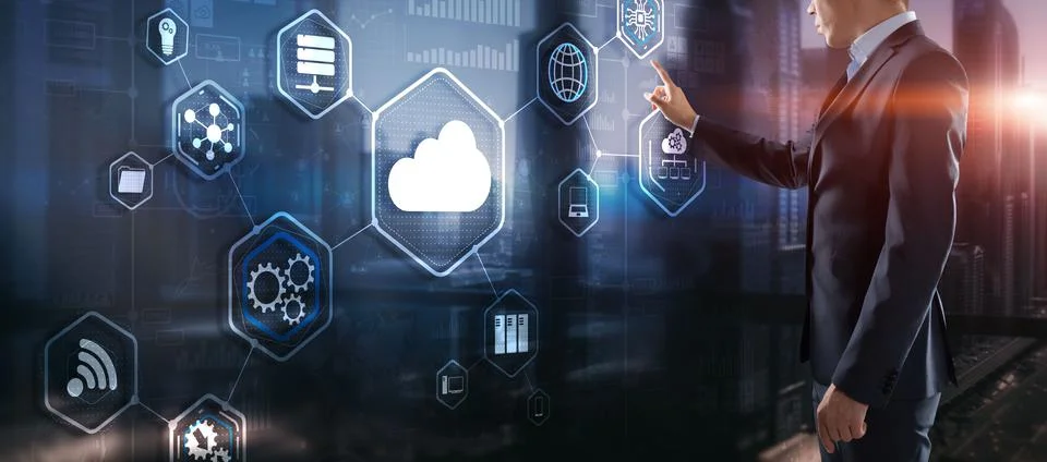 Futuristic Display. Cloud computing touchscreen interface business man finger Foto stock