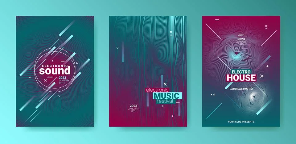 Futuristic Dj Flyer Set. Electro Sound Poster. Techno Party Cover. Stock Illustration
