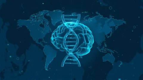 Futuristic DNA and Brain Overlay on World Map Symbolizing Global Biotech Innovat Stock-Illustration
