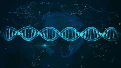 Futuristic DNA Double Helix Over Digital Global Map Background Illustrazione stock