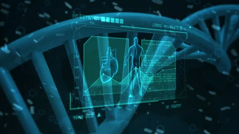Futuristic DNA Helix with Digital Human and Heart Interface Visualization 库存影片 339130618