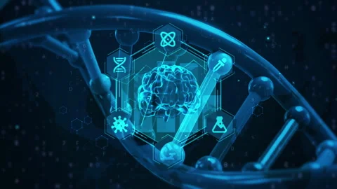 Futuristic DNA Strand with Brain Interface in Digital Technology Landscape 스톡 동영상 339130602