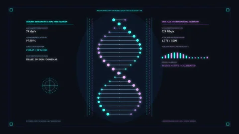 Futuristic dna strand loop animation with glowing hud interface elements Stock Footage 346542078
