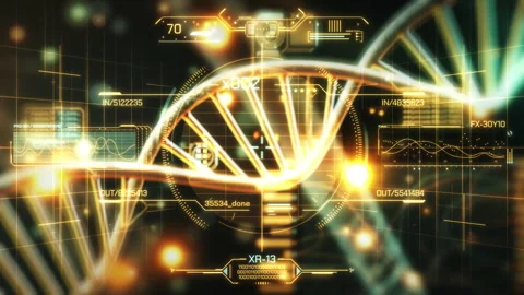 Futuristic DNA strand rotating with digital interface analyzing data Видео 303781575