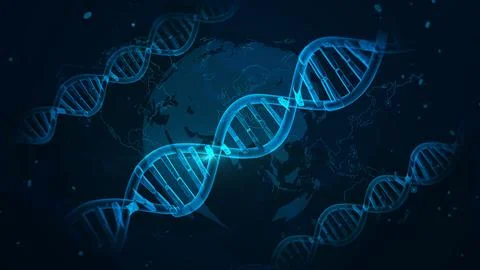Futuristic DNA Visualization with Global Network on Dark Blue Background Stock Illustration
