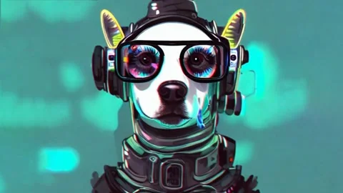 Futuristic Dog With Tech Armor and VR Glasses Glitch Loop Animation Video stock 219427165