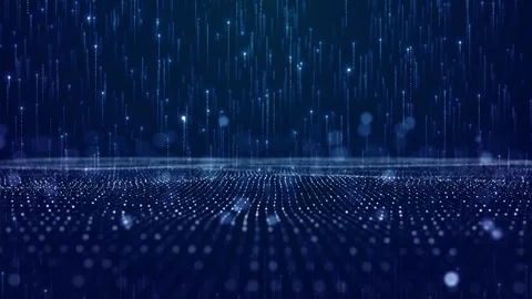 Futuristic dotted data landscape visual with falling blue light streams, glowing Stock Footage 340555297