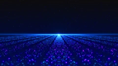 Futuristic dotted light field visual blue and purple particles, distant horizon Stock Footage 340479613