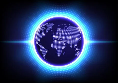 Futuristic Dotted World Map Globe with Blue Neon Light Aura Stock-Illustration