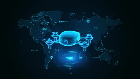Futuristic Drone Display with Digital World Map Background Technology Stock Footage 341905200