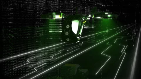Futuristic drone flying in the digital space gliding through the Data Particles Stock Footage 206096004