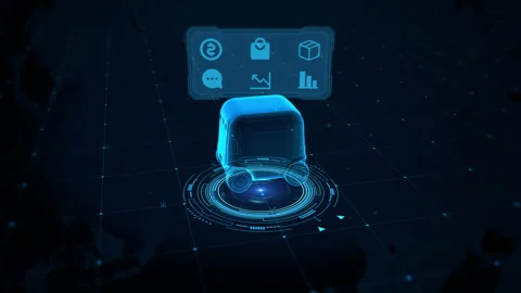 Futuristic Drone Hologram with Data Interface in Virtual Network Grid1 Stock Footage 339141500
