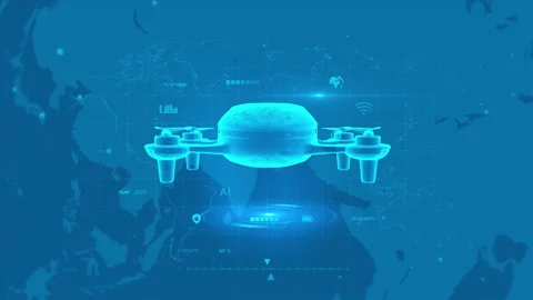 Futuristic Drone Hologram Over Digital Map Background Depicting Technology .. Stock Footage 341905148