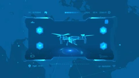 Futuristic Drone Interface with Global Network Overlay Background Stock Illustration