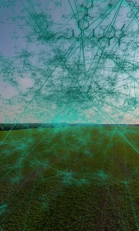 Futuristic Drone Loop Over Field With Evolving Digital Chemistry Overlay Stock Footage 311080187