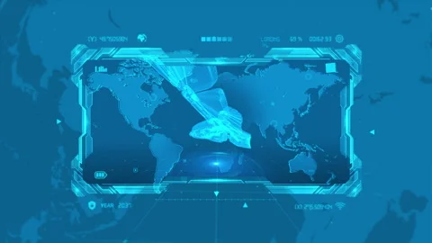 Futuristic Drone Navigation Interface with Holographic Global Map Displayed.. Stock Footage 341675444