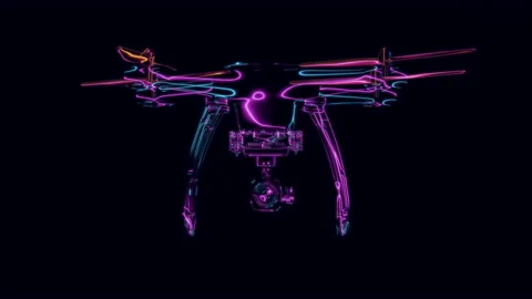 Futuristic Drone in Neon Lines Appears and Disappears Stock Footage 153012111