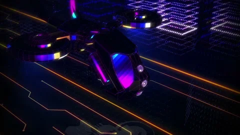 A Futuristic Drone is Quickly Flying through the Digital City. 3D Animation. Stock Footage 201827152