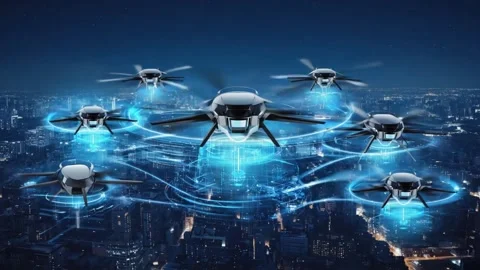 Futuristic drone swarm flying over illuminated cityscape at night with glow.. Stock Footage 321340382