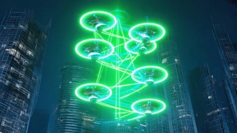 Futuristic drone swarm network connecting glowing skyscrapers at night adva.. Stock Footage 321340373