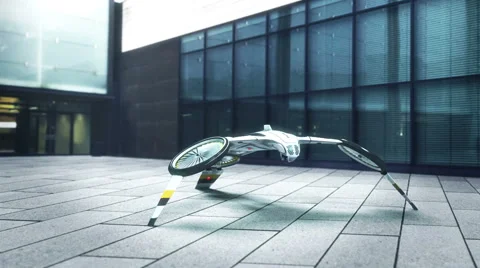 Futuristic drone takes off in front of the office building Stock Footage 60749147