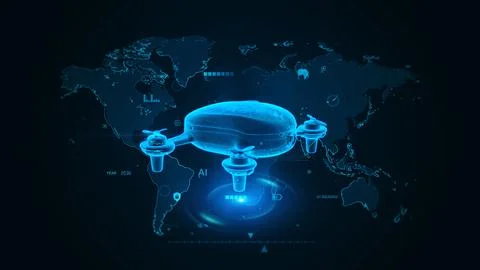 Futuristic Drone Technology Over World Map with Digital Visualizations Stock Illustration
