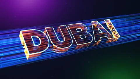 Futuristic Dubai 3D Perspective Text With Dotted Lines Particle Breeze Effect  Stock Illustration