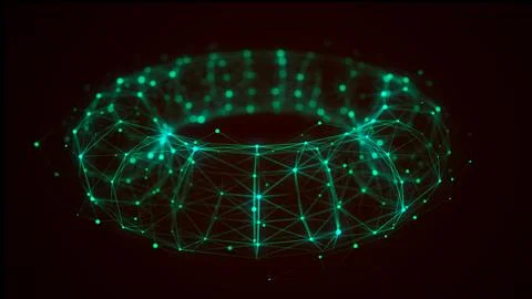 Futuristic dynamic wireframe green torus on a dark background. The flow of .. Stock Illustration
