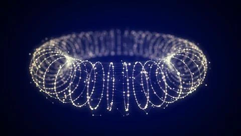 Futuristic dynamic wireframe torus on a blue background. The flow of scient.. Stock Illustration