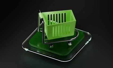 Futuristic E-Commerce Concept with Neon Green Basket Cart on Glossy Tech Base Stock Illustration