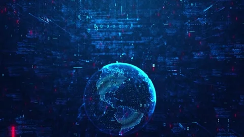 Futuristic earth code grid background glowing blue planet, hex patterns, and sca Stock Footage 340548981