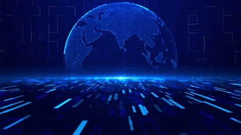 Futuristic earth data stream visual blue globe, luminous horizon flare, moving r Stock Footage 340526890
