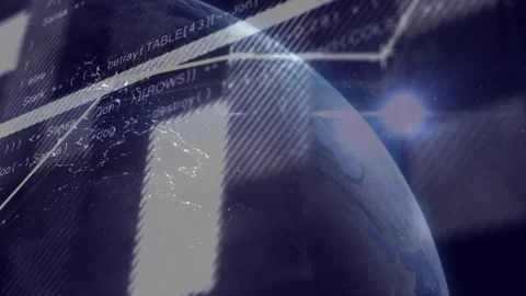 Futuristic Earth globe spinning under glowing code overlays and grid lines in Stock Footage 307461958