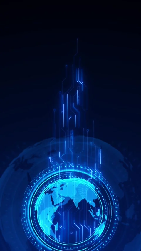 Futuristic earth interface background cyan globe, connected circuit lines, blue Stock Footage 340399101