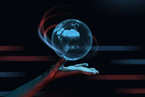 Futuristic Earth Interface on hand on dark background Stock-Fotos
