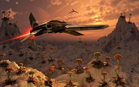 A futuristic Earth ship patrolling a distant alien world. Illustrazione stock