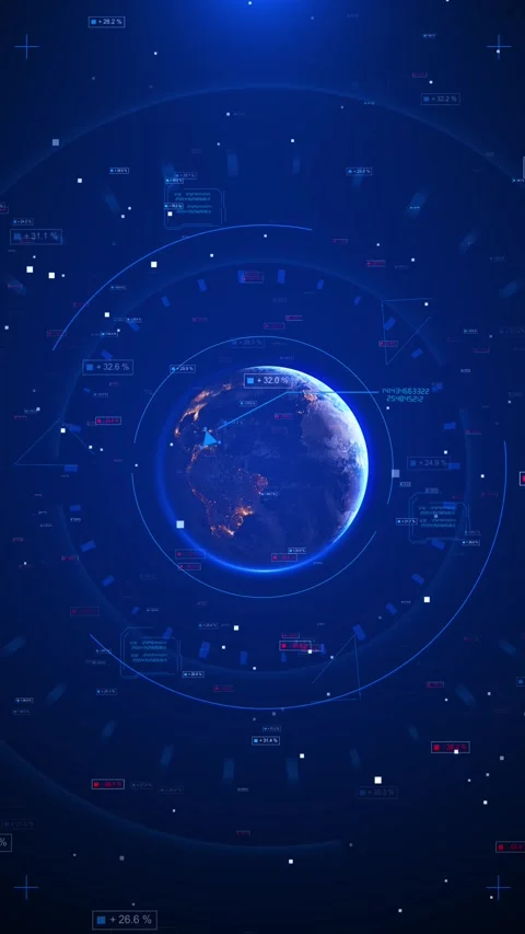 Futuristic earth technology backdrop holographic rings, floating numbers, data 動画素材 334061211