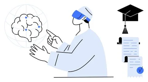 Futuristic Education Concept with Virtual Reality and Advanced Brain Study Stock Illustration