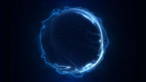 Futuristic electric blue sphere made of fine digital particles and plasma w.. Stockillustratie
