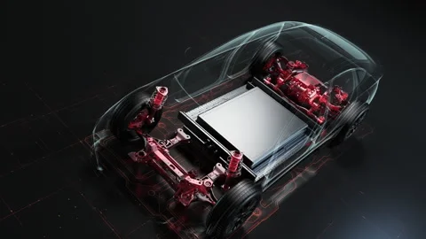 Futuristic electric car chassis with battery and glowing body outline. Stock-Footage 329289872