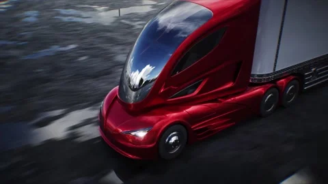 Futuristic electric cargo semi truck in desert stone highway. 库存影片 304691053