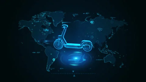 Futuristic Electric Scooter on Global Digital World Map Background Visual Stock Footage 342201688