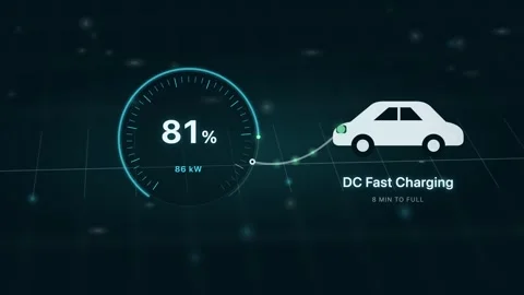 Futuristic electric vehicle charging interface with fast charging status and UI Stock Footage 340246687