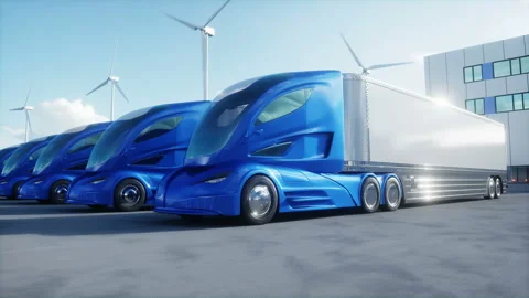 Futuristic electrick trucks on warehouse parking. Logistic center. Delivery Stock Footage 201619772