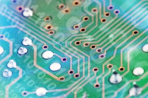 Futuristic electronic circuit board with binary code. Network and big data Stockfoto's