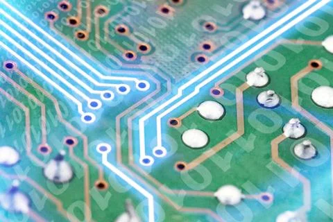 Futuristic electronic circuit board with binary code. Network and big data 库存照片