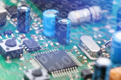 Futuristic electronic circuit board with binary code. Network and big data Stockfoto's