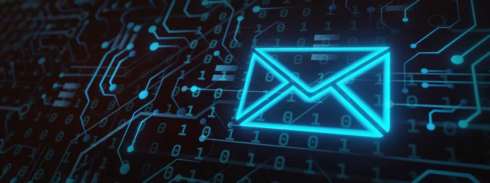 Futuristic electronic mail documentation concept with glowing blue neon envel Stock-Illustration